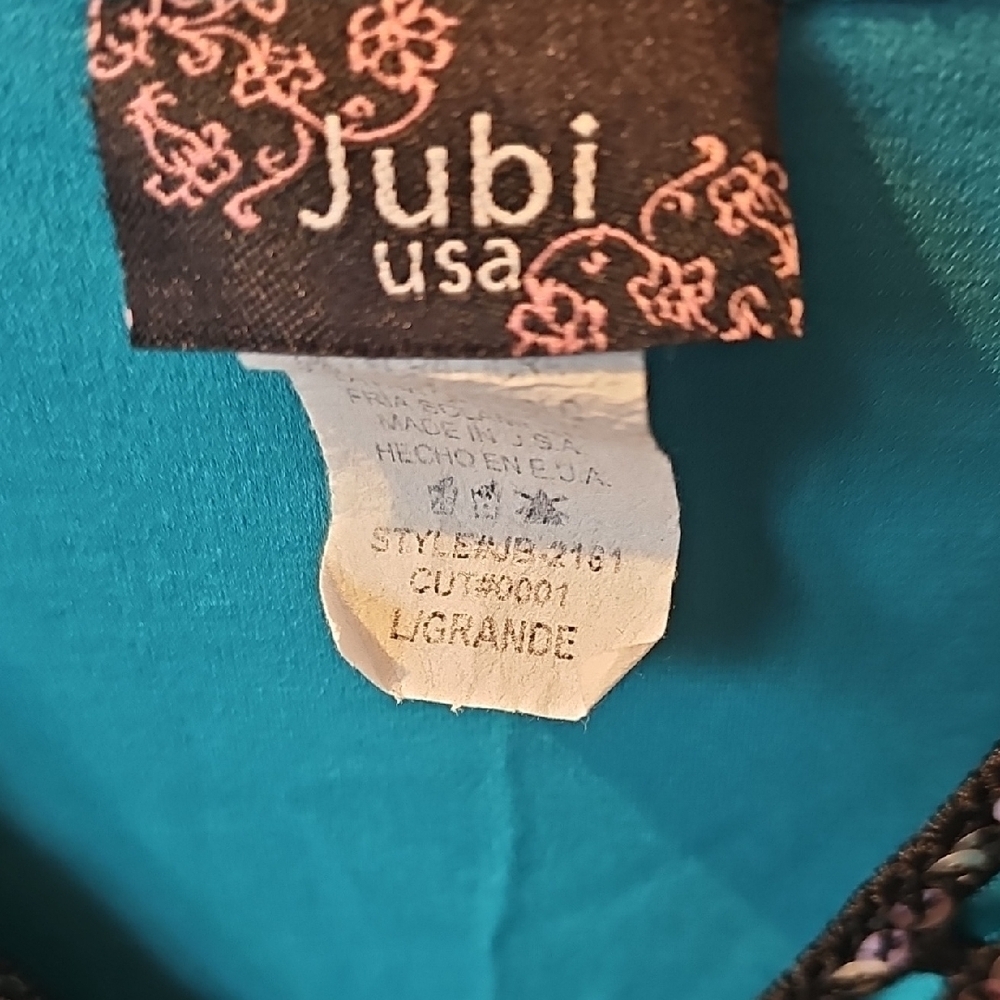 Jubi USA NEW Stylish Teal & Black V-Neck Women's Top Size Large - Picture 2 of 8
